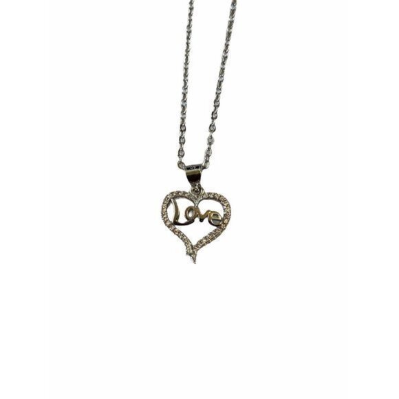 Love Heart Necklace Sliver Tone with Rhinestones - Picture 1 of 8